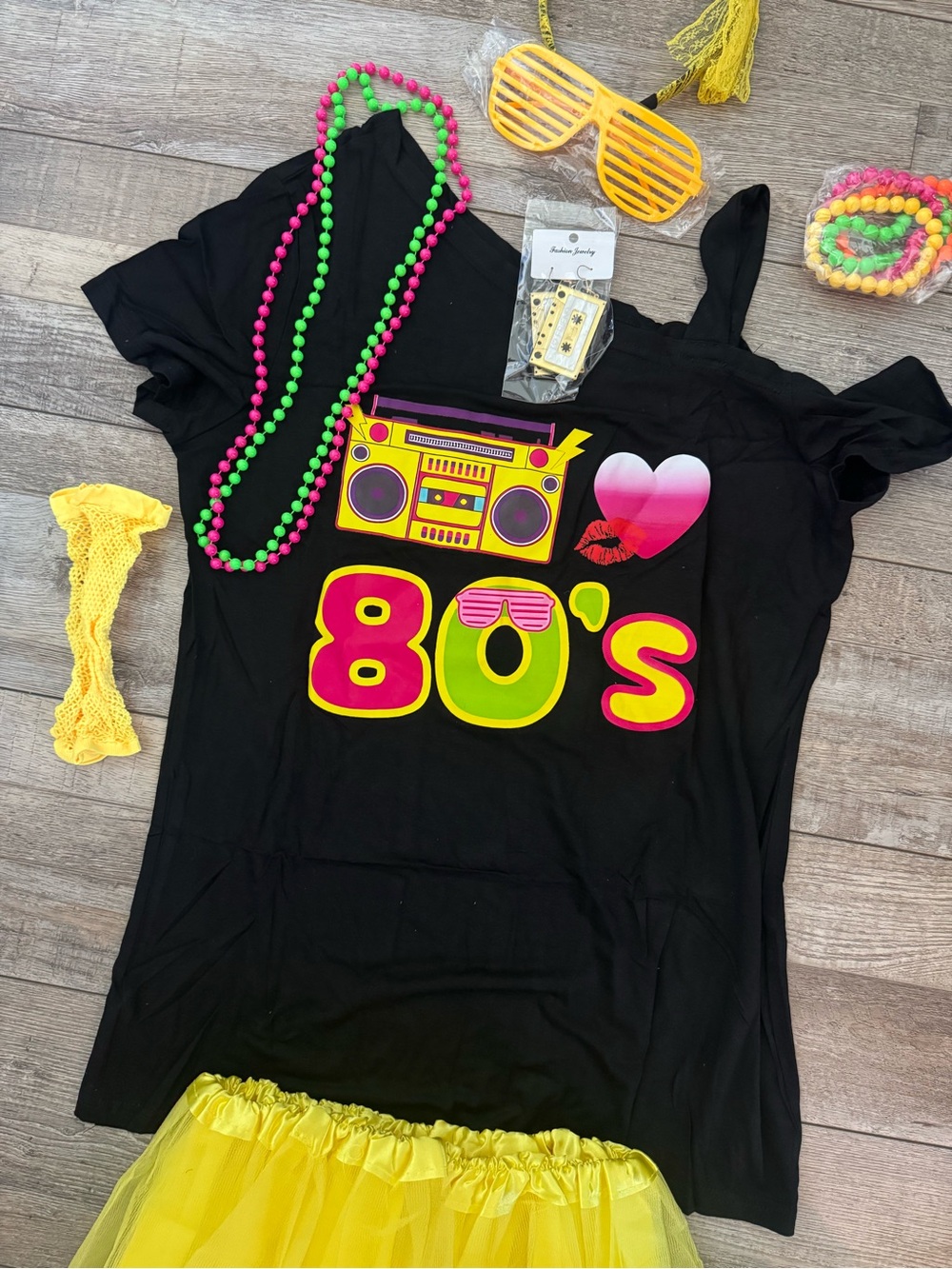 Girls Black 80's Graphic Tee - Neon Heart & Boombox